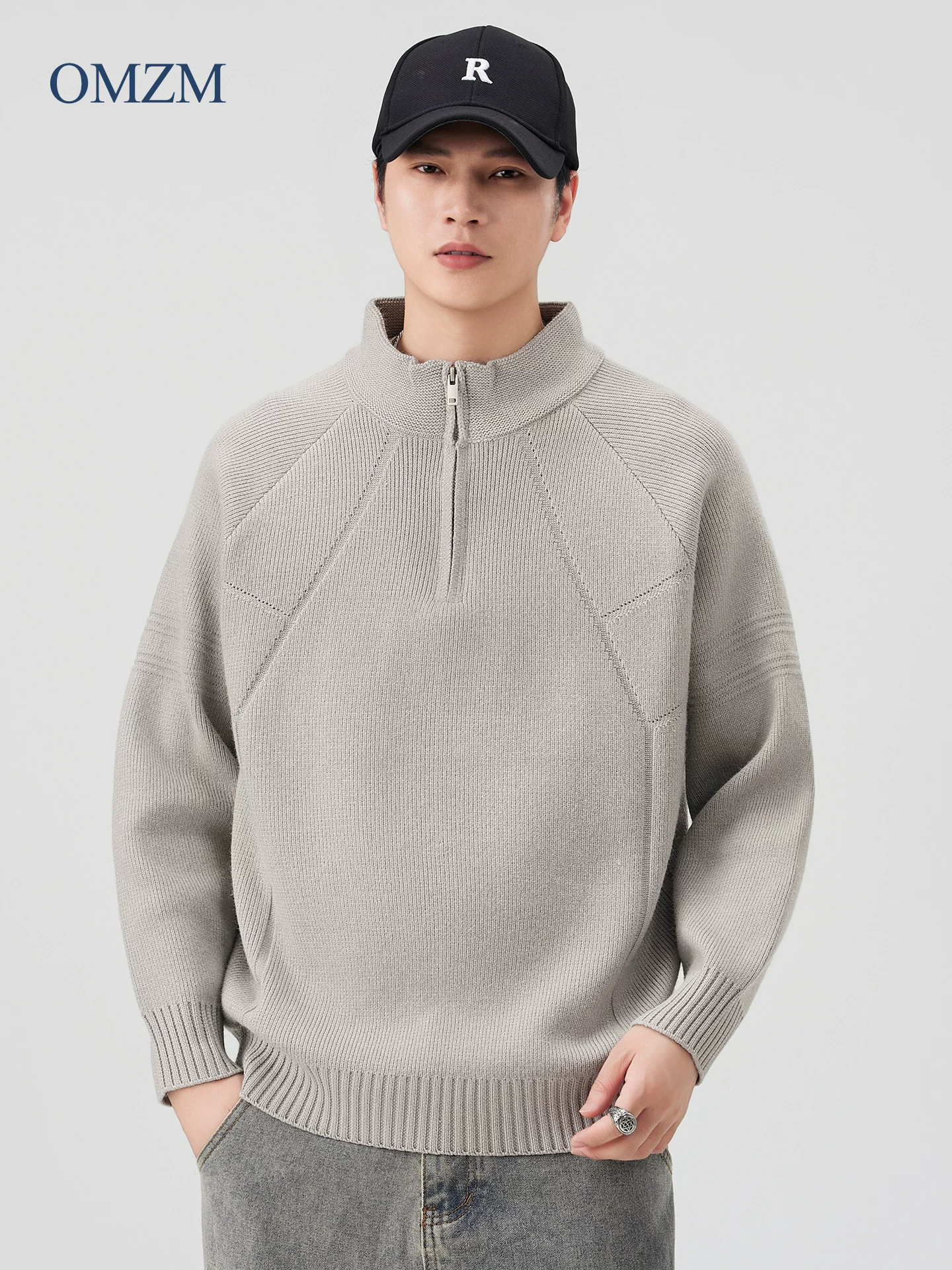 Áo len nửa khóa kéo hạng nặng OMZM810G dành cho nam, áo len dệt kim cổ cao nửa cổ mùa thu đông, áo len cơ bản kiểu chắp vá.