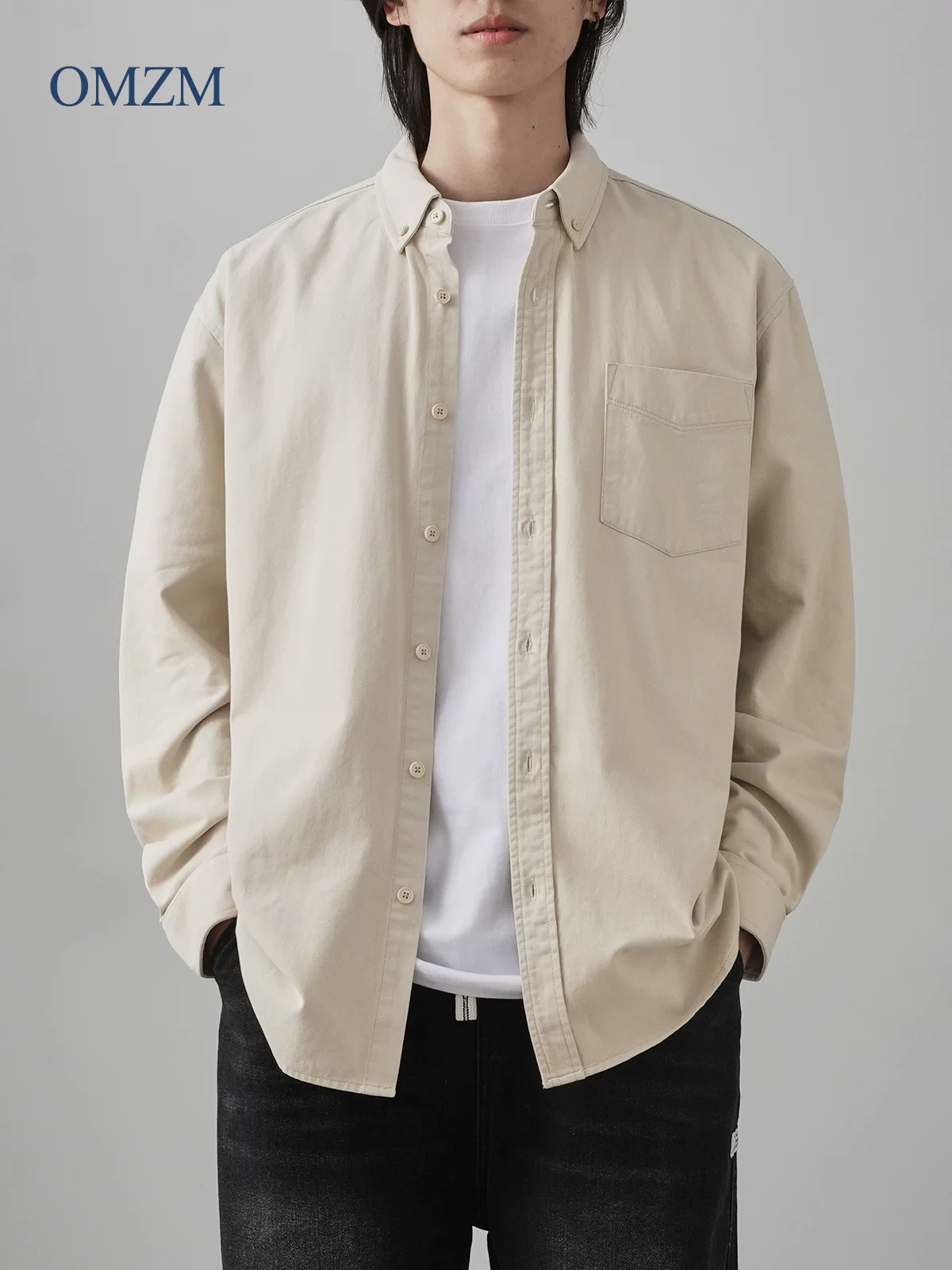 Áo sơ mi cotton nguyên chất hạng nặng kiểu Mỹ OMZM dành cho nam, áo khoác bảo hộ lao động màu trắng cao cấp dài tay mùa xuân, áo sơ mi lớp trong hợp thời trang.