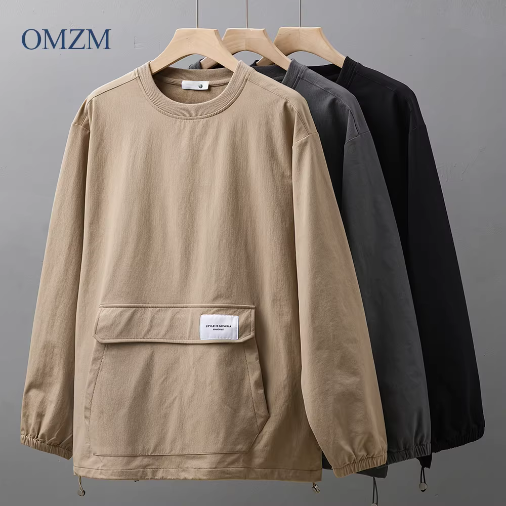 Áo nỉ có túi kangaroo hạng nặng OMZM dành cho nam, áo thun dài tay dáng rộng phong cách núi non mùa thu, áo khoác chui đầu cổ điển đường phố cao cấp