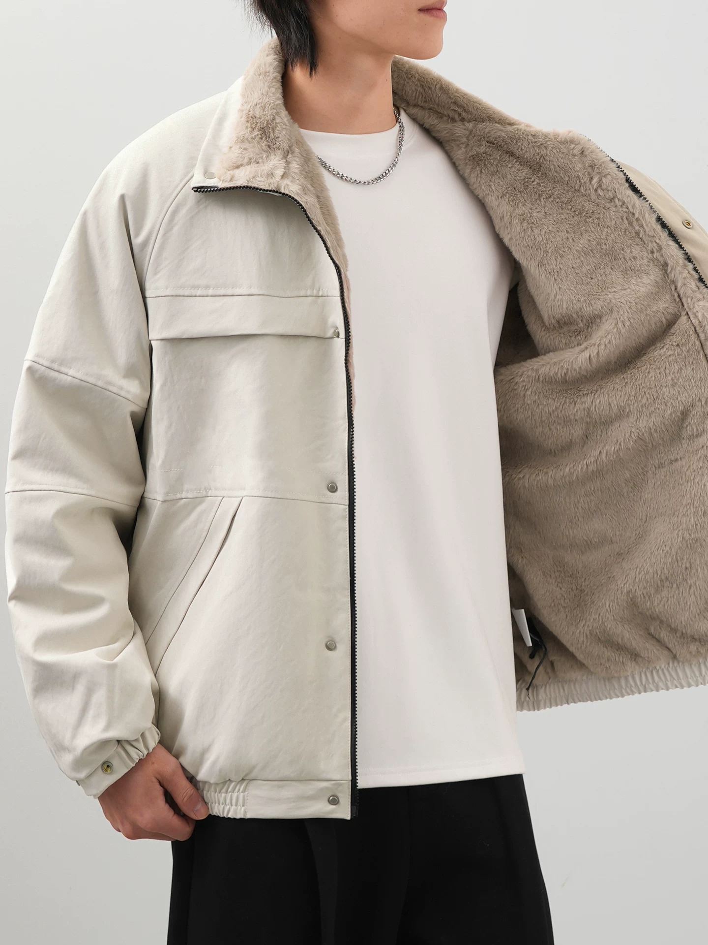 Áo khoác cotton cổ đứng kiểu Mỹ OMZM dành cho nam, áo khoác mùa đông cổ điển lót lông cừu ấm áp, áo khoác công sở rộng rãi, tiện dụng