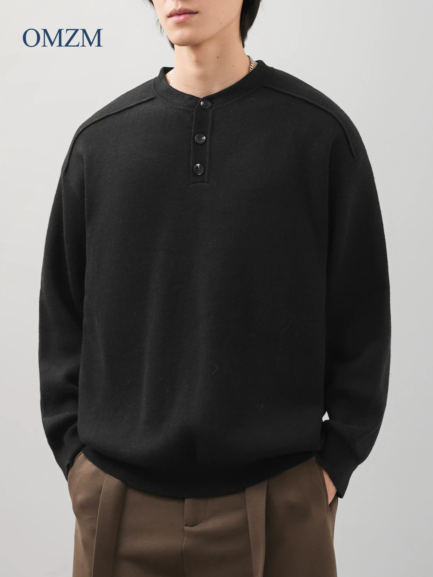 Áo len dệt kim hạng nặng OMZM680G dành cho nam, áo sơ mi lớp lót dày dặn giữ ấm mùa đông, áo len cổ Henry cổ điển kiểu Mỹ.