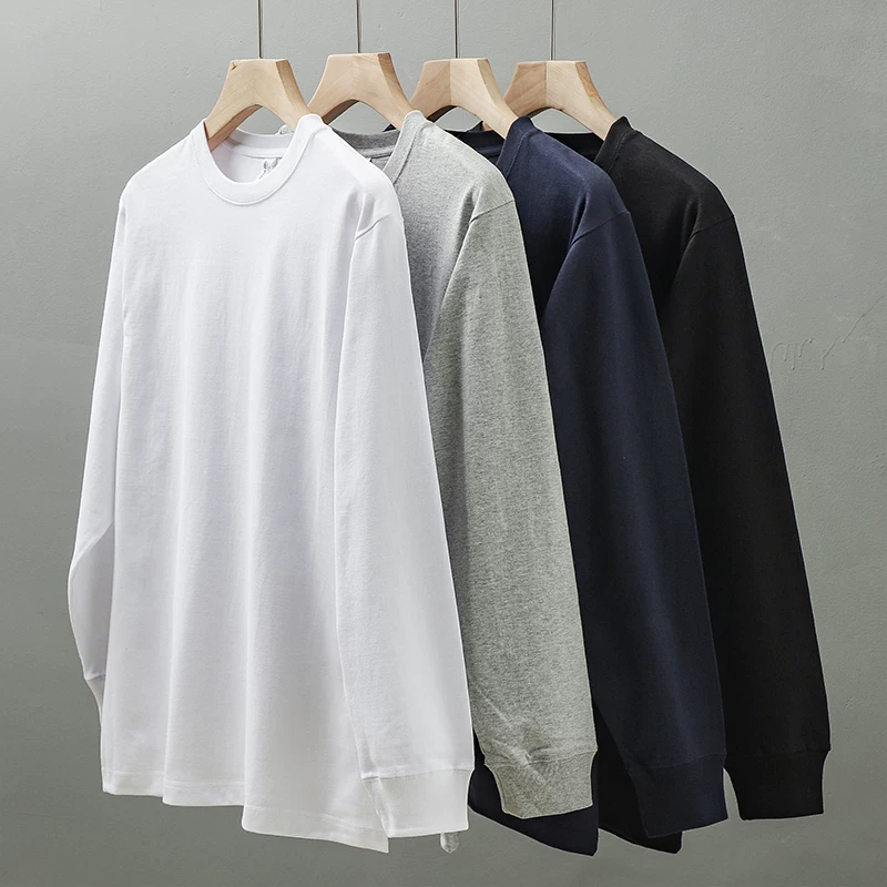 Áo thun dài tay hạng nặng 320G kiểu Mỹ dành cho nam, áo sơ mi cotton thuần chất mùa thu đông, áo thun cổ tròn rộng rãi chất liệu cotton dài sợi Tân Cương