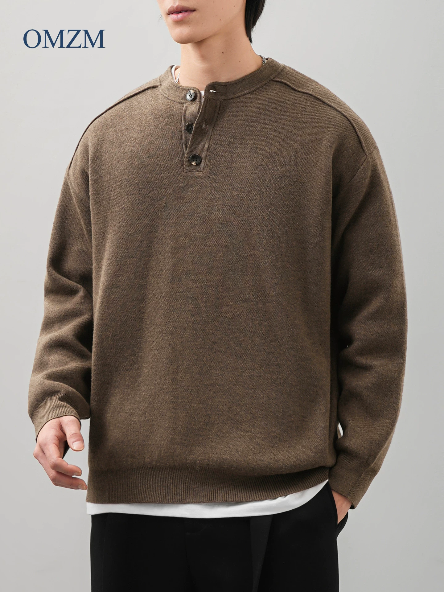 Áo len dệt kim hạng nặng OMZM680G dành cho nam, áo sơ mi lớp lót dày dặn giữ ấm mùa đông, áo len cổ Henry cổ điển kiểu Mỹ.