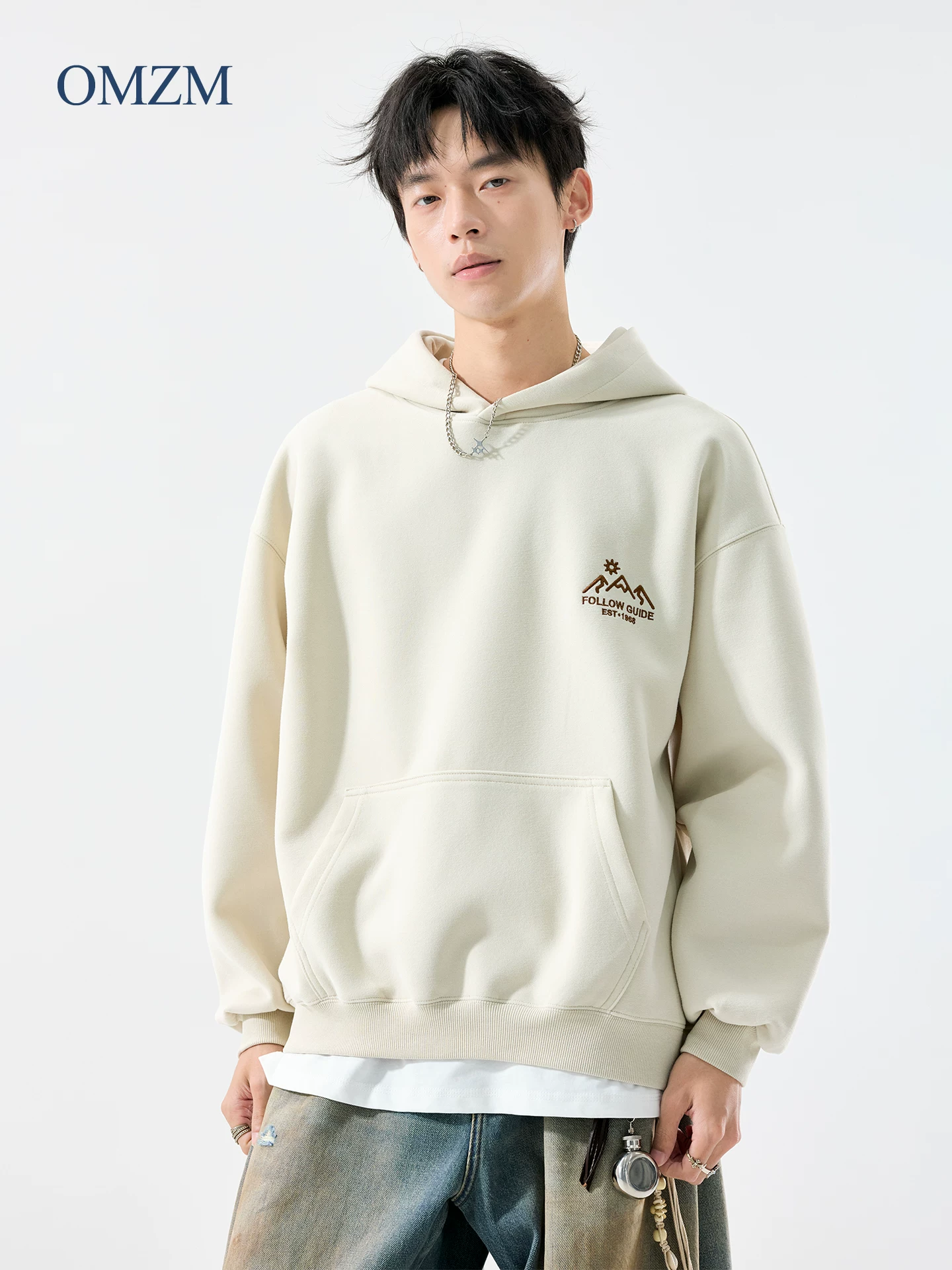 Áo hoodie nam OMZM450G chất liệu dày dặn, kiểu dáng mùa thu phong cách đường phố Mỹ, thêu họa tiết, tay áo dài, dáng rộng, kiểu áo khoác oversized
