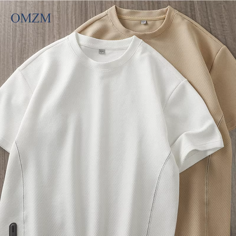Áo thun nam ngắn tay dệt kim kiểu waffle hạng nặng OMZM 320g, phong cách Mỹ mùa hè, cảm giác cao cấp, rộng rãi và thoáng khí, cổ tròn nửa tay.