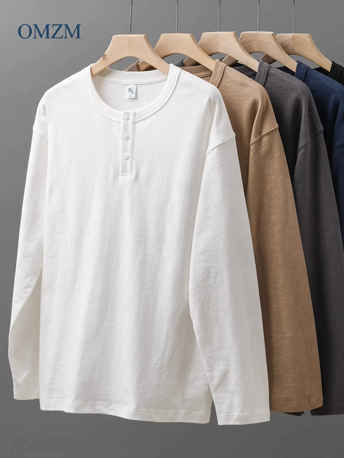 Áo thun dài tay cổ Henry bằng cotton nguyên chất hạng nặng OMZM400g dành cho nam, áo nỉ dáng rộng phong cách Mỹ mùa thu, áo sơ mi màu trắng tinh khiết.