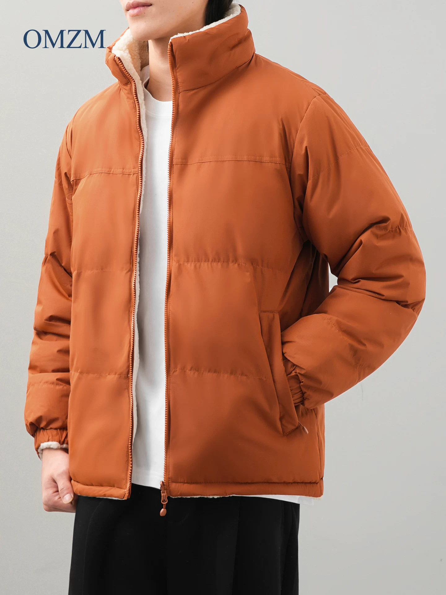 Áo khoác cotton cổ đứng có thể đảo ngược OMZM dành cho nam, áo khoác lông cừu dày kiểu Mỹ mùa đông, dáng rộng, lót lông cừu, áo khoác phao ấm áp.