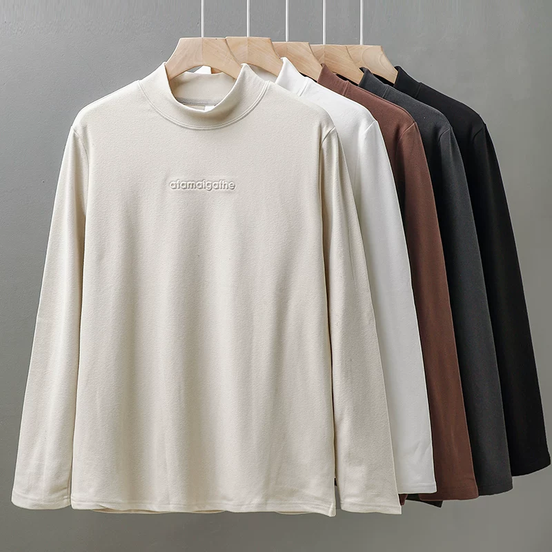 Áo thun dài tay hạng nặng 320G kiểu Mỹ dành cho nam, áo sơ mi cổ cao nửa cổ nhung Đức hai mặt mùa thu đông, áo len ấm màu trơn dành cho nam.