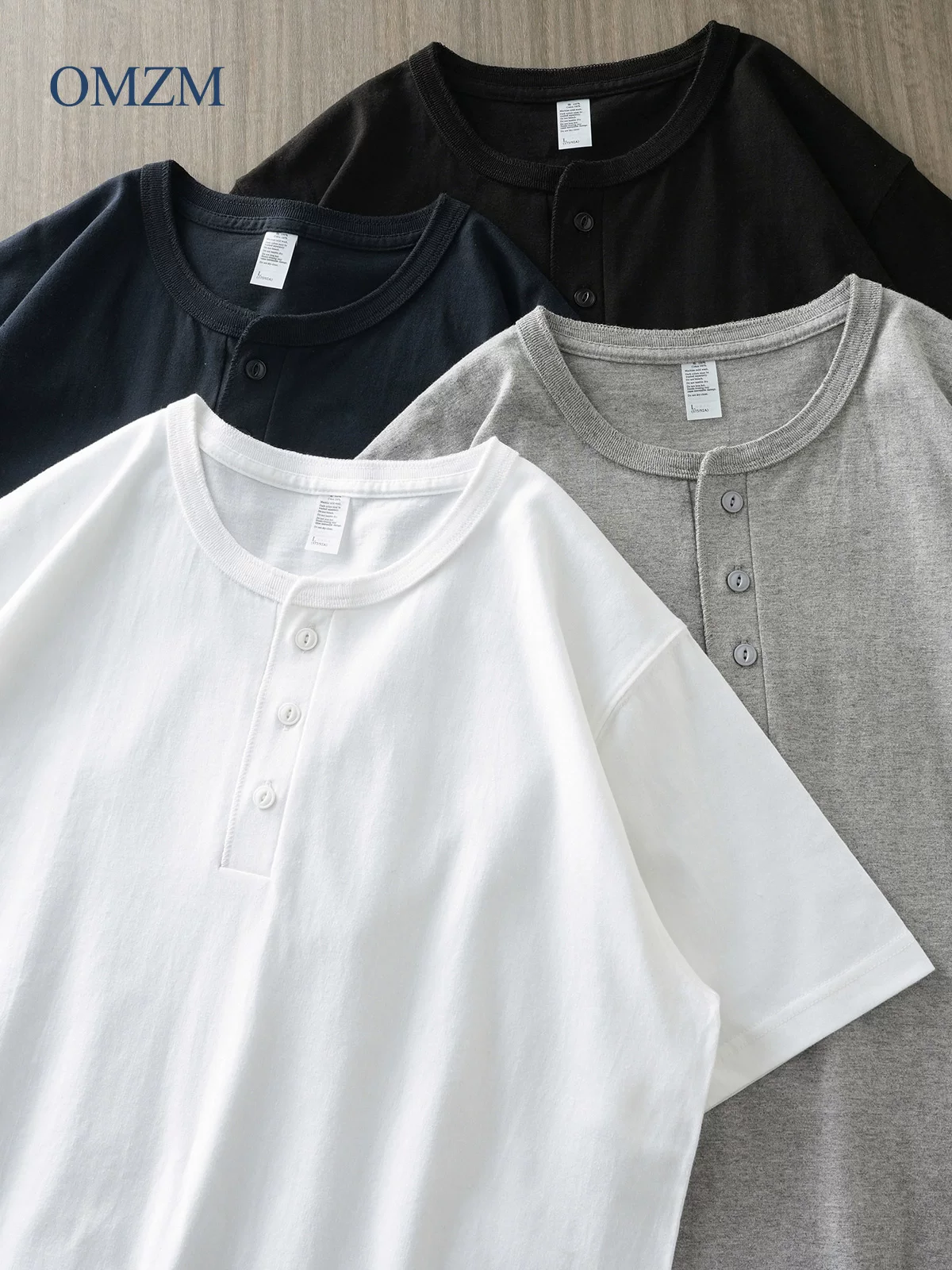 Áo thun nam cổ henley tay ngắn chất liệu cotton dày 260g, kiểu dáng vintage mạnh mẽ, màu trắng tinh khiết, mùa hè.