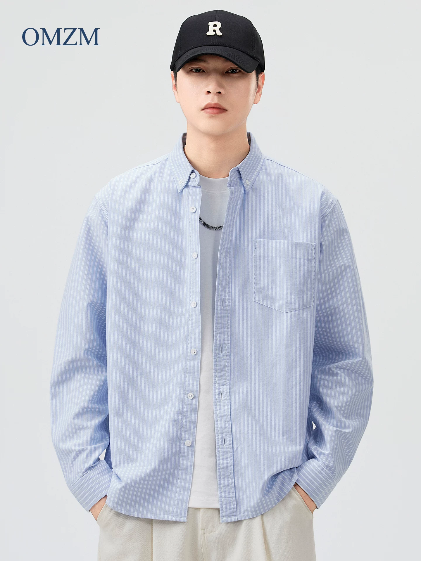 Áo sơ mi dài tay sọc cotton nguyên chất hạng nặng OMZM dành cho nam giới, áo sơ mi màu xanh lam của cityboy Nhật Bản mùa thu, áo khoác bảo hộ lao động