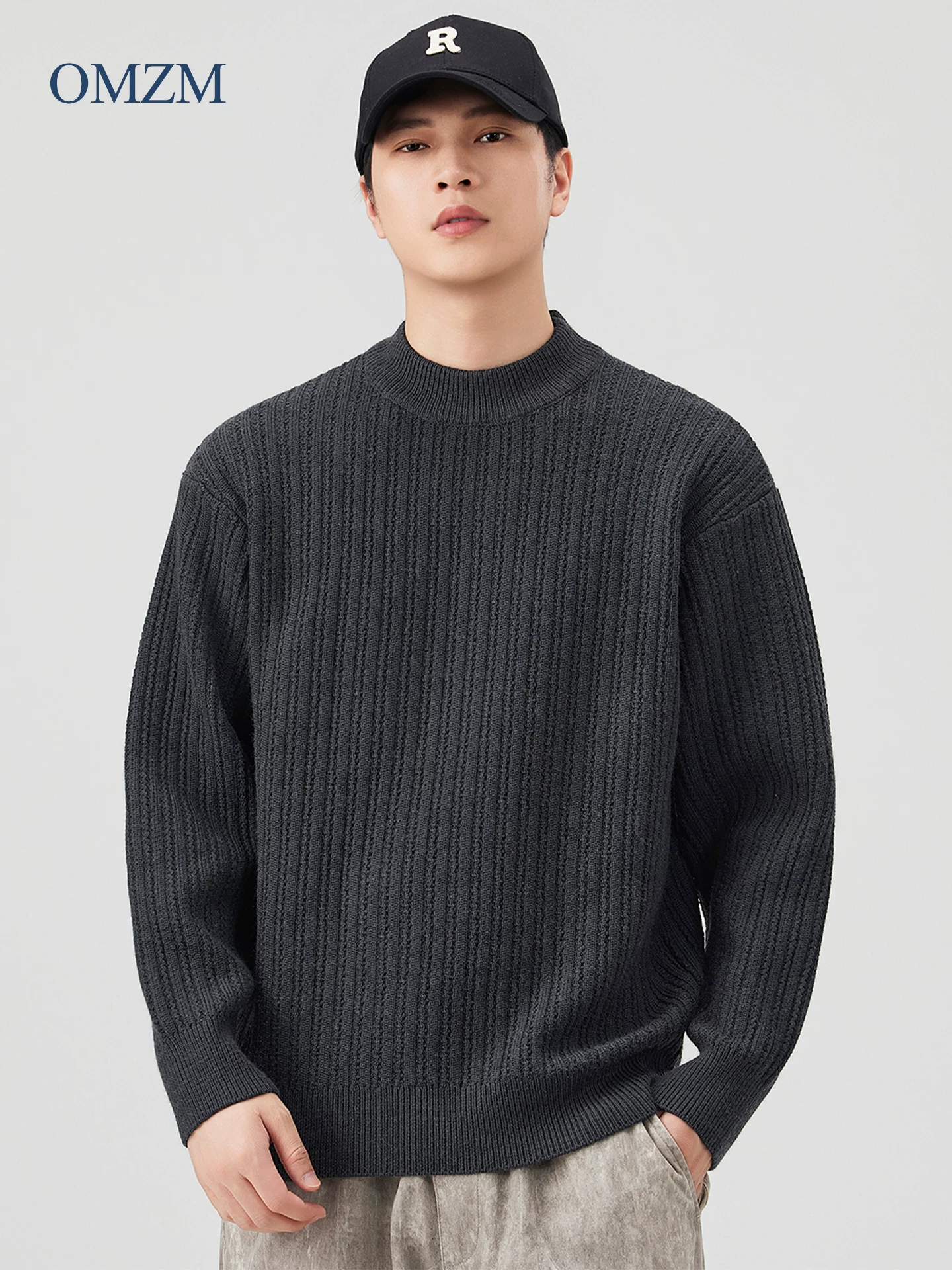 Áo len cổ lọ nửa cổ OMZM dành cho nam, áo len cổ trung bình dệt kim dày mùa thu đông, áo sơ mi đan len bên trong phong cách giản dị