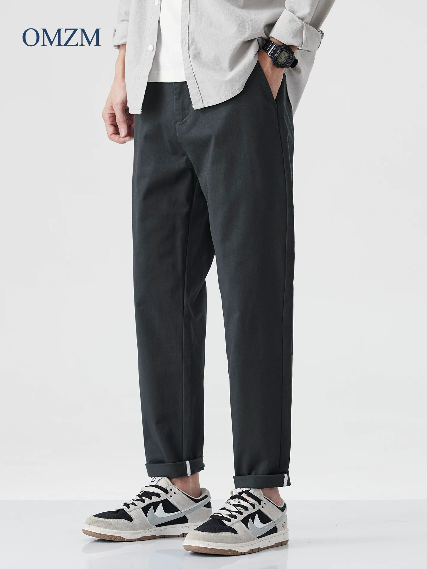 Quần âu dáng thẳng hạng nặng kiểu Mỹ của OMZM dành cho nam, quần ống suông dáng rộng mùa hè, quần ống lửng màu kaki dành cho công sở.