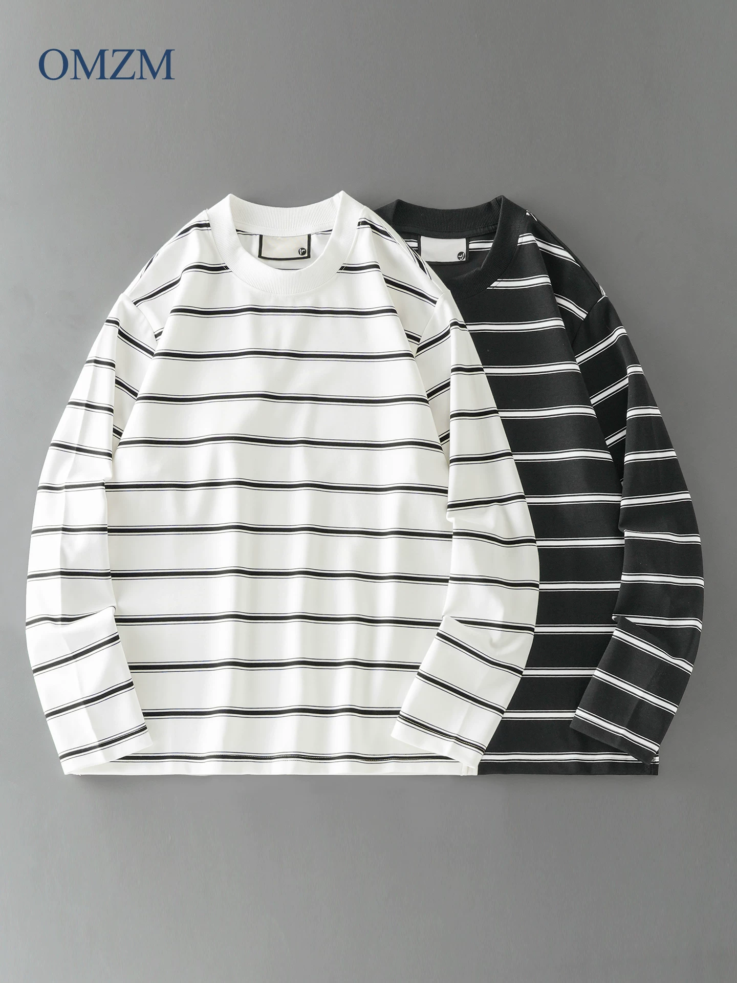 OMZM330G hạng nặng sọc dài tay áo thun nam mùa thu phong cách retro Mỹ dáng rộng giản dị mặc bên trong áo thun cổ tròn