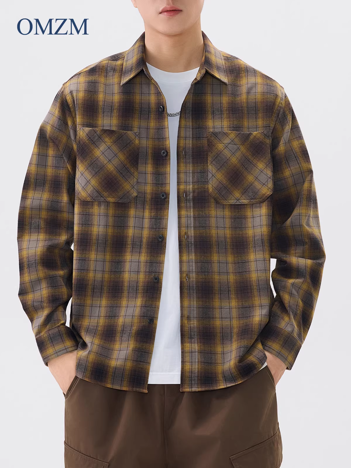 Áo khoác sơ mi flannel dày OMZM dành cho nam, thu đông 2024, kiểu dáng cổ điển, kẻ ca rô, chất liệu chải mềm, tay dài, áo khoác công sở