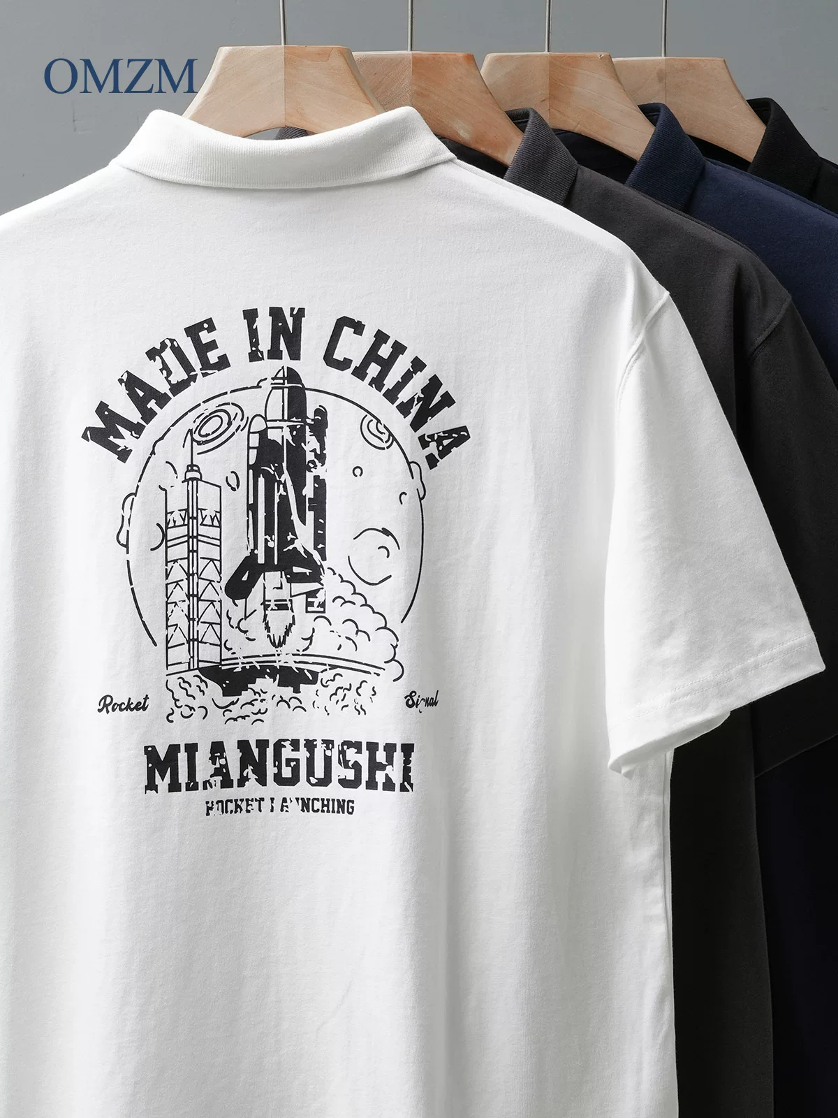 OMZM Áo sơ mi POLO ngắn tay bằng cotton nguyên chất hạng nặng 320G kiểu Mỹ dành cho nam, áo thun in hình tên lửa mùa hè, cổ áo lỏng lẻo nửa tay