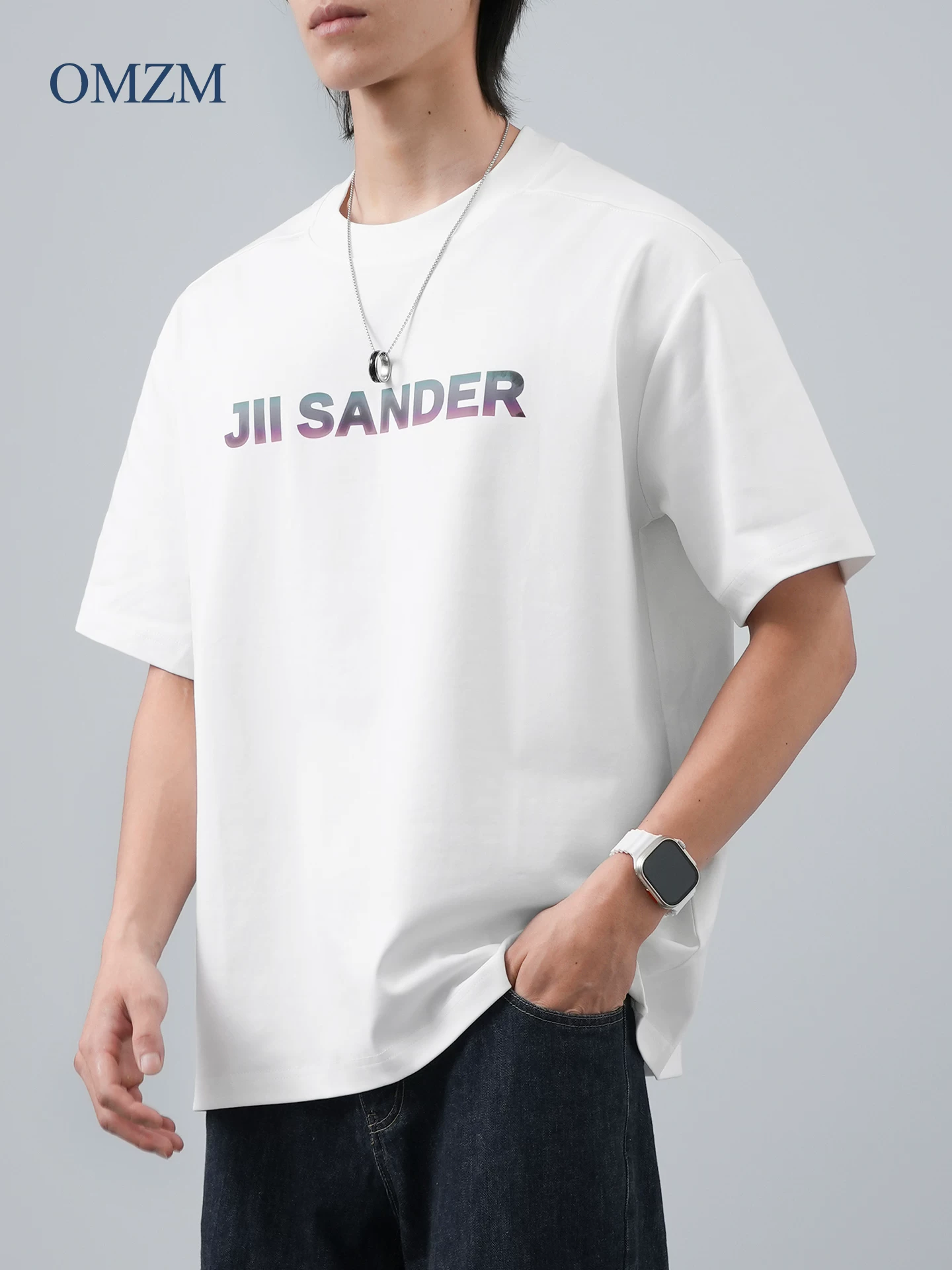 Áo thun cotton Mercerized OMZM50 dành cho nam, tay ngắn, mùa hè, 250G, in chữ, dáng rộng, cảm giác cao cấp, tay lửng