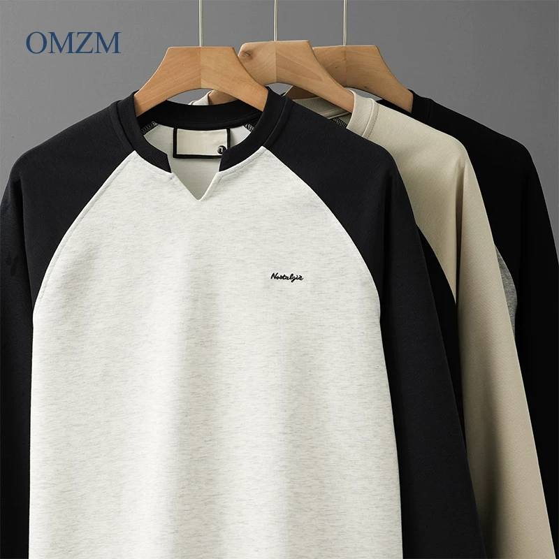 Áo thun nam cổ V tay dài chất liệu dày 300G, kiểu mới xuân thu 2025, tay raglan, áo sweatshirt phối màu, áo thun thêu.