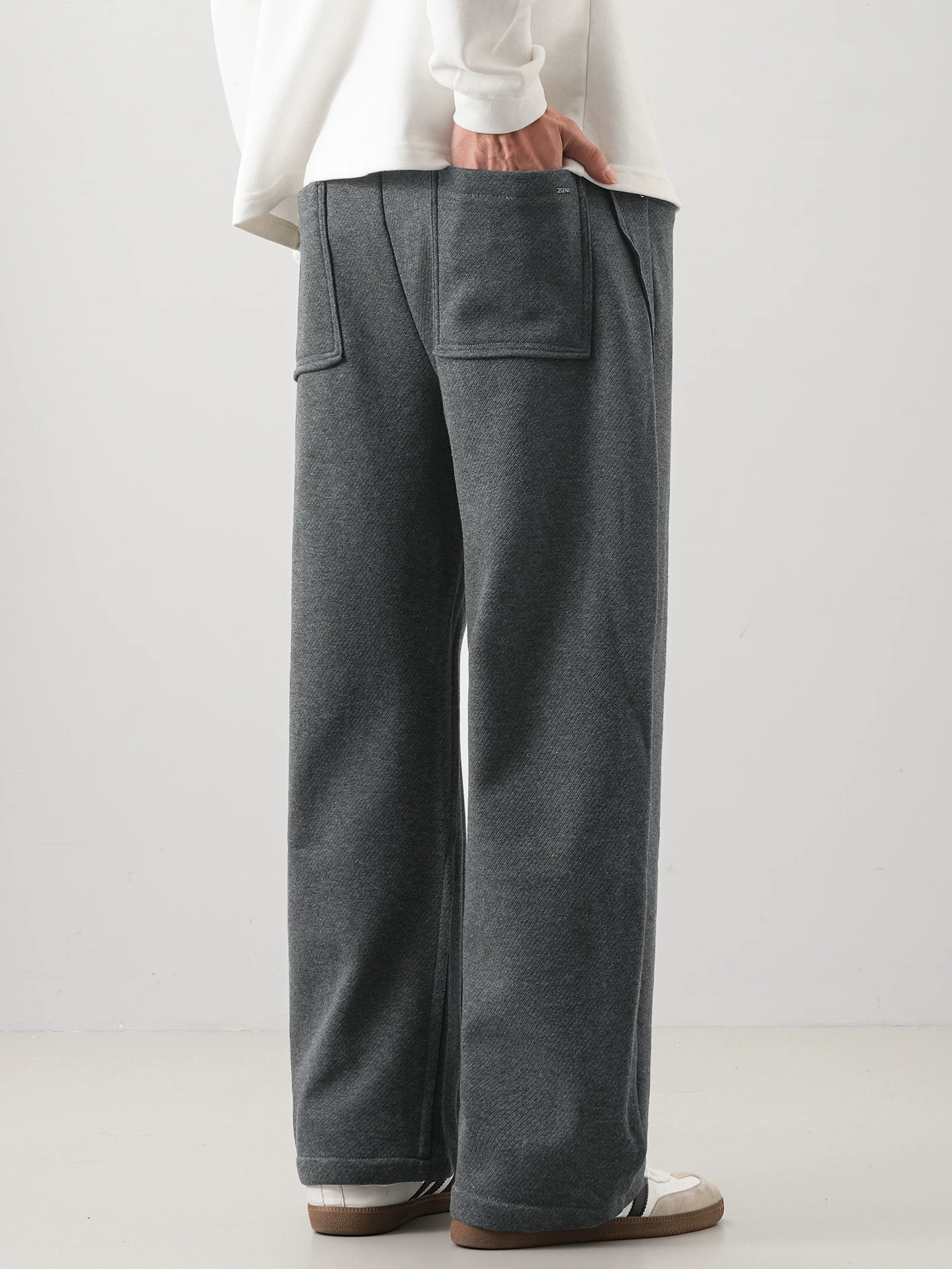 Quần len nặng OMZM dành cho nam, quần ống rộng ống thẳng dày lót lông cừu mùa đông, quần thường ngày len ấm cao cấp