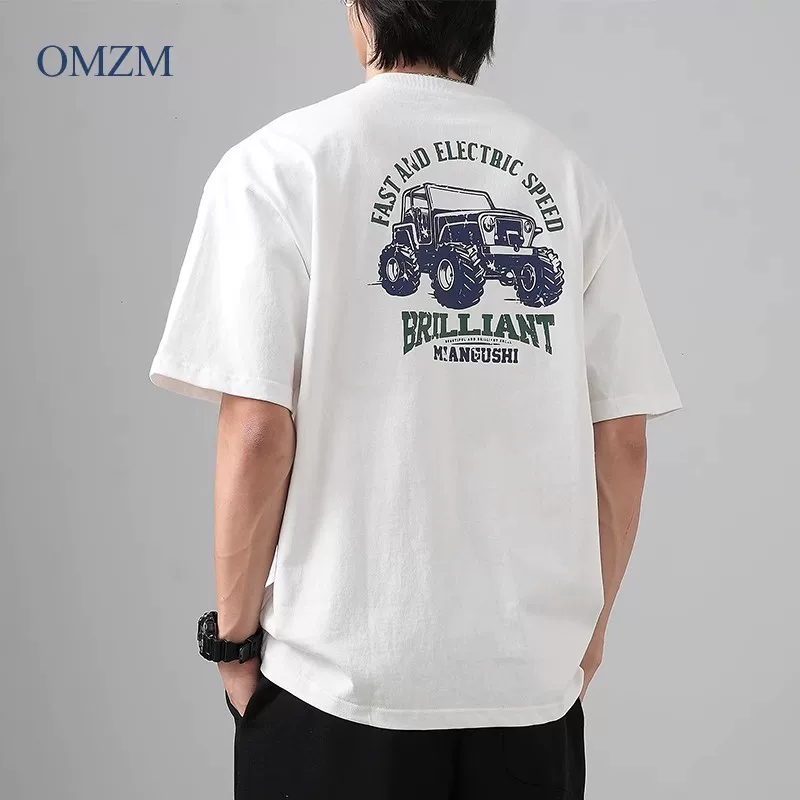 Áo thun cotton nguyên chất hạng nặng 400g dành cho nam, tay ngắn, dáng rộng mùa hè, phong cách đường phố Mỹ, in hình xe địa hình, cổ tròn, tay lửng.