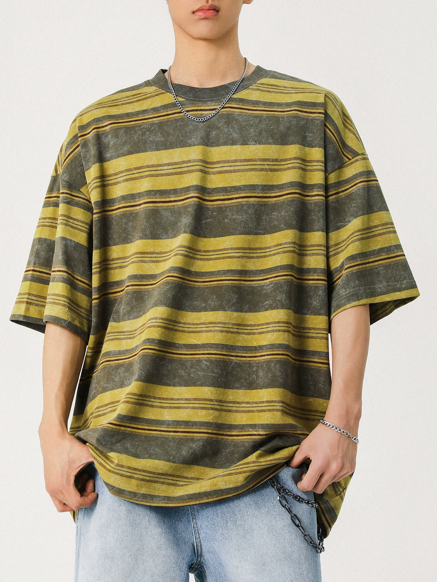 Áo thun sọc cotton nguyên chất hạng nặng OMZM260G dành cho nam và nữ, phong cách cổ điển kiểu Mỹ mùa hè, áo sơ mi nửa tay dáng rộng dành cho cặp đôi