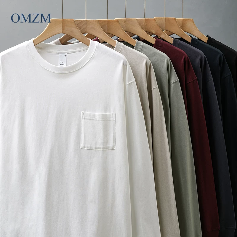 Áo thun nam tay dài, chất liệu cotton 100%, kiểu dáng rộng rãi cổ tròn, phong cách Mỹ, màu trơn, size 230G, mùa xuân 2025.