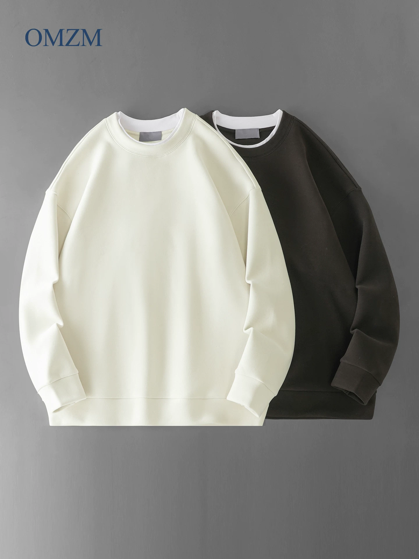 Áo len cổ tròn lót lông cừu OMZM dành cho nam, lớp bên trong dày dặn ấm áp mùa đông, áo chui đầu đơn giản giả hai mảnh.