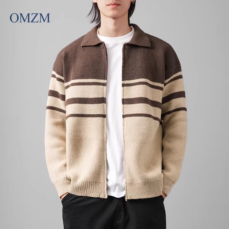 Áo len cardigan sọc dày OMZM dành cho nam, mùa đông 2024, chất liệu dệt kim dày dặn có khóa kéo, áo khoác ấm áp, phong cách thường ngày