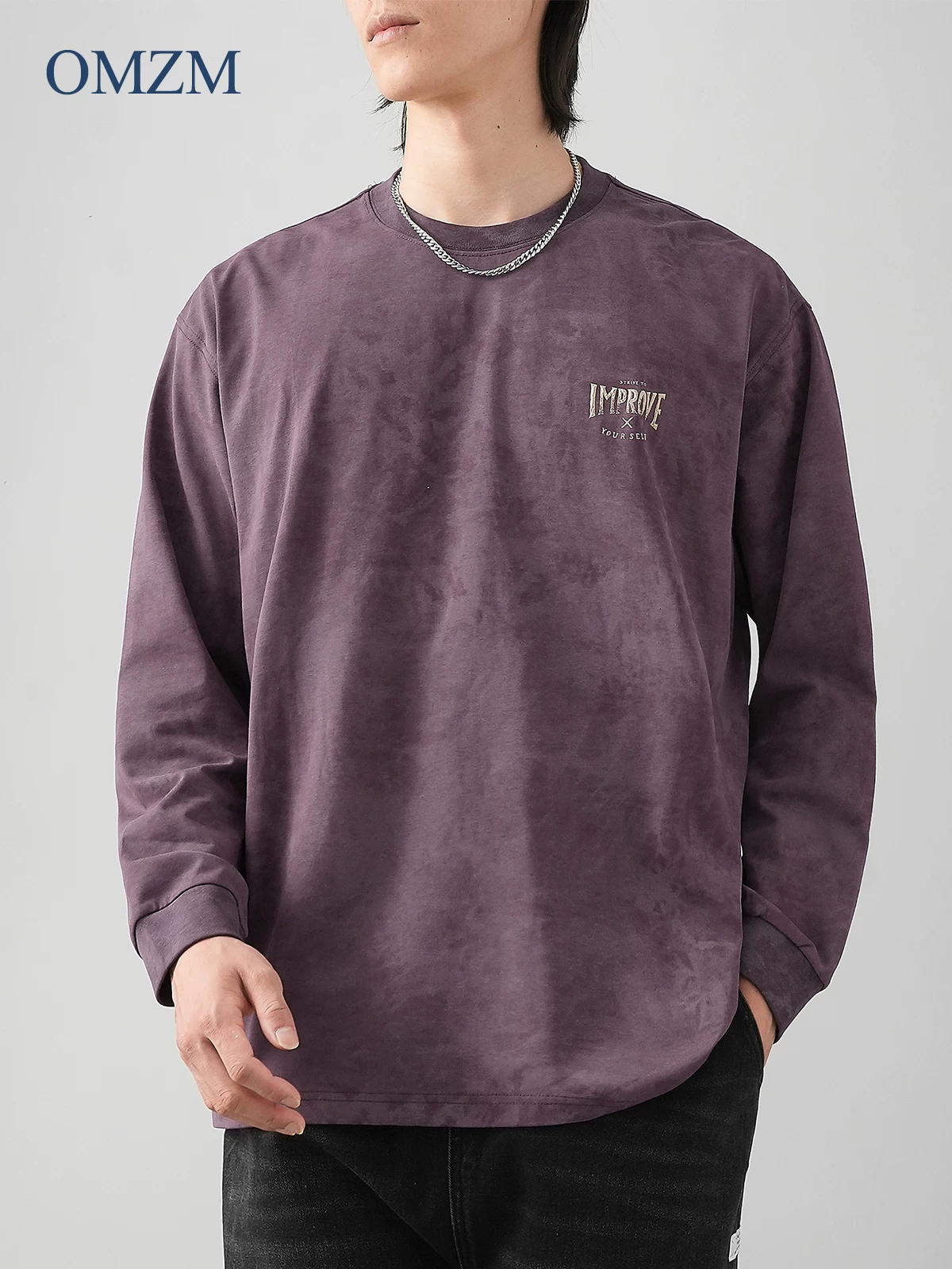 Áo thun dài tay nhuộm màu kiểu Mỹ OMZM 270G dành cho nam, áo sơ mi cổ tròn dáng rộng mùa thu có in chữ