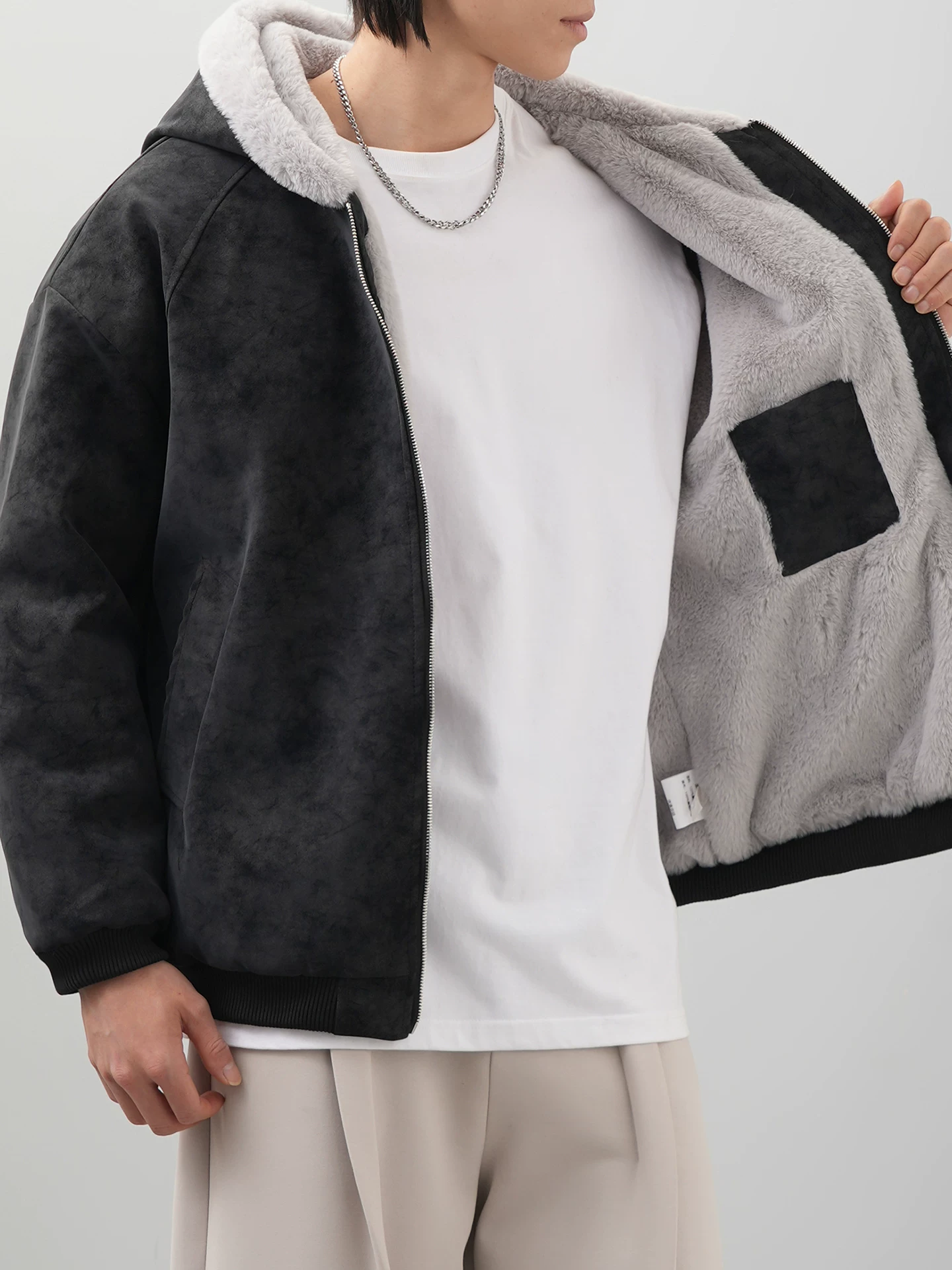 Áo khoác cotton da lộn có mũ trùm đầu OMZM dành cho nam giới trong mùa đông, lót lông cừu, dày dặn, ấm áp, áo len có khóa kéo, áo khoác cặp đôi nhuộm màu da PU