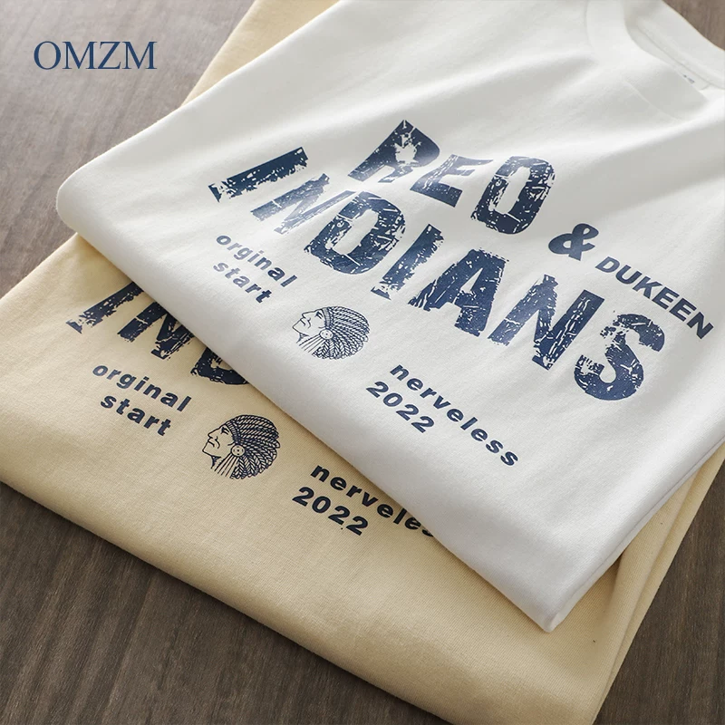 OMZM Áo thun dài tay in hình hạng nặng 300g phong cách Mỹ dành cho nam, mùa thu Áo sơ mi cổ tròn màu trơn bằng cotton nguyên chất Tân Cương