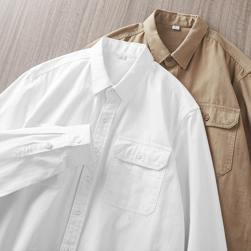 Áo sơ mi dài tay bằng cotton nguyên chất hạng nặng kiểu Mỹ dành cho nam, áo khoác có cổ rộng rãi cao cấp mùa thu đông, áo sơ mi trắng không cần là ủi