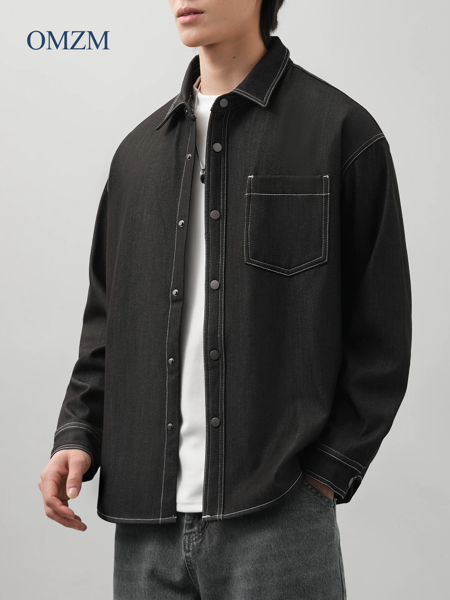 Áo sơ mi denim dày lót lông cừu OMZM dành cho nam, áo sơ mi công sở dài tay mùa đông, áo khoác thường ngày đa năng đơn giản phong cách Nhật Bản