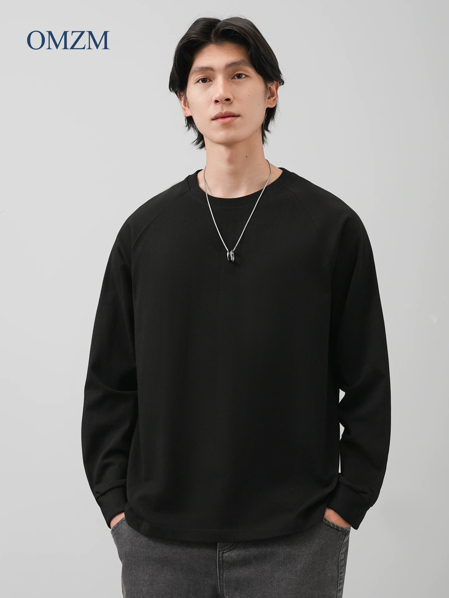 Áo thun dài tay bằng cotton nguyên chất hạng nặng OMZM400G dành cho nam, lớp nền màu trắng mùa thu, áo lót màu trơn dành cho giới trẻ.