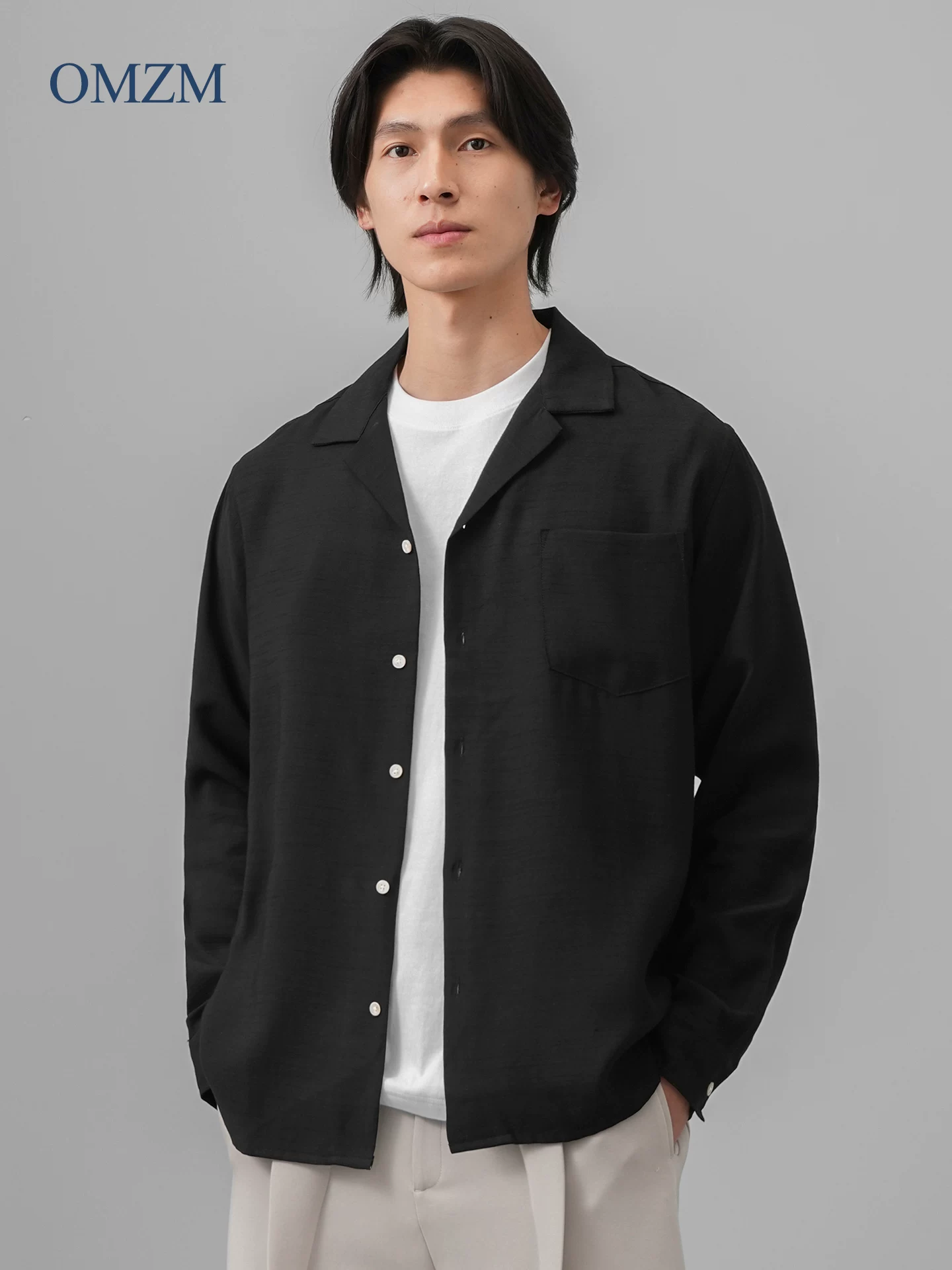Áo sơ mi nam OMZM kiểu tiền cổ điển, chất liệu vải lanh, tay dài, mùa thu, cổ Cuba, màu trơn, dáng rộng, kiểu áo khoác.