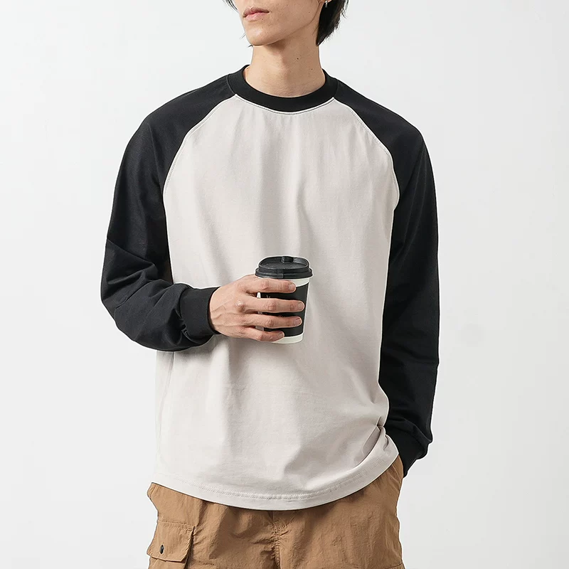 Áo thun nam tay raglan kiểu Mỹ OMZM 260g chất dày, tay dài, mùa thu, dáng rộng, phối màu, kiểu áo sweatshirt, áo lót