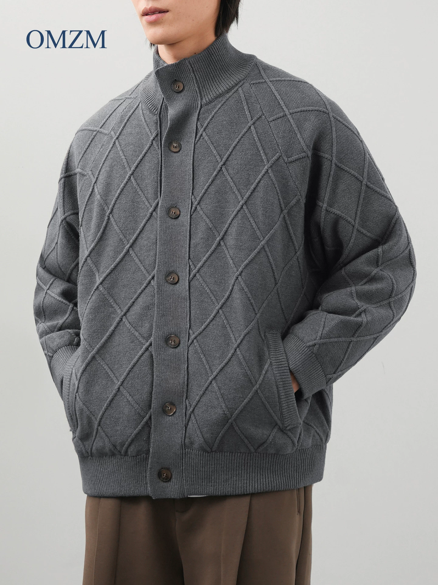 Áo khoác lông vũ có họa tiết chần bông OMZM90 dành cho nam, áo len dày cổ đứng kiểu Mỹ mùa đông, áo khoác cổ điển kiểu Mỹ.