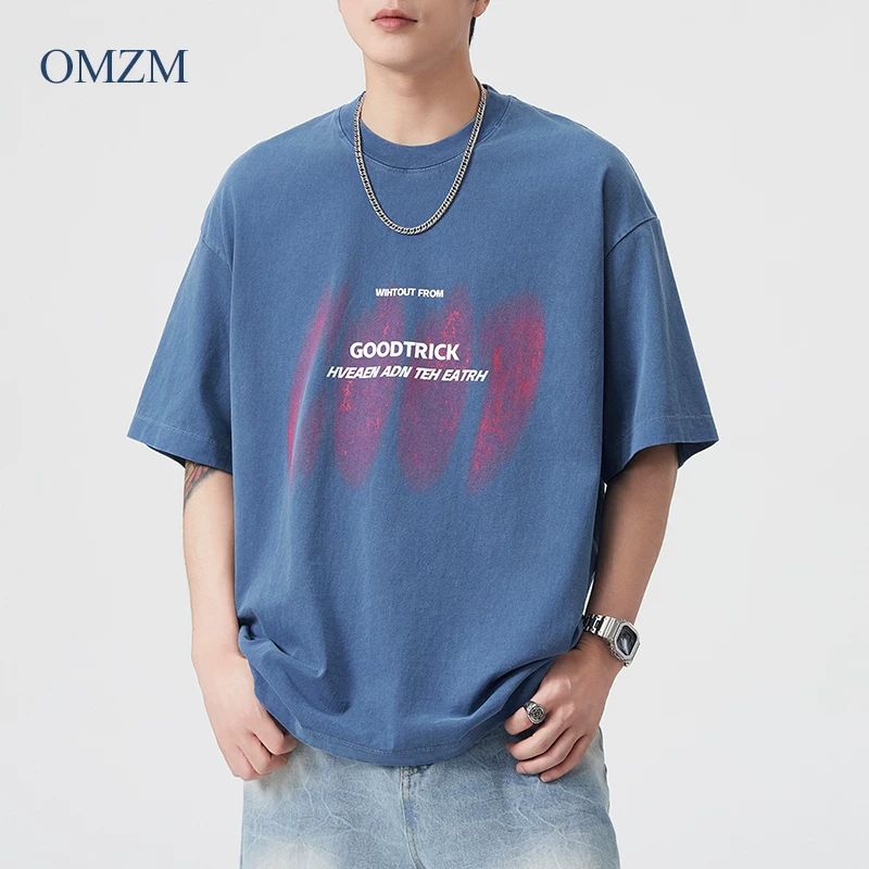 Áo thun ngắn tay bằng cotton nguyên chất hạng nặng OMZM260G dành cho nam và nữ, áo thun chữ graffiti cổ điển mùa hè của Mỹ, tay lửng rộng