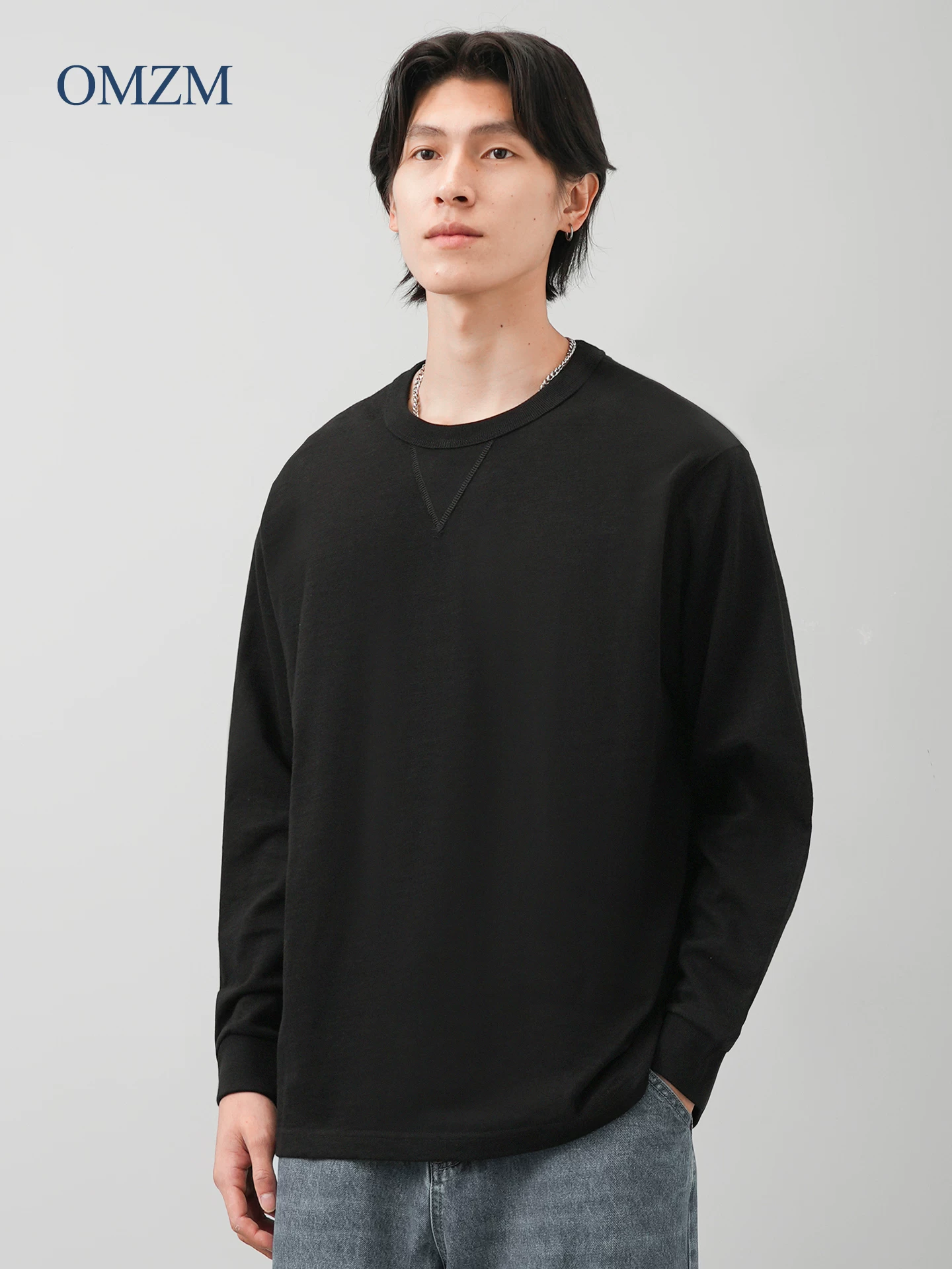Áo thun dài tay cotton nguyên chất hạng nặng OMZM400G dành cho nam, áo sơ mi đế dày hình tam giác ngược phong cách Mỹ mùa thu, áo nỉ cổ tròn