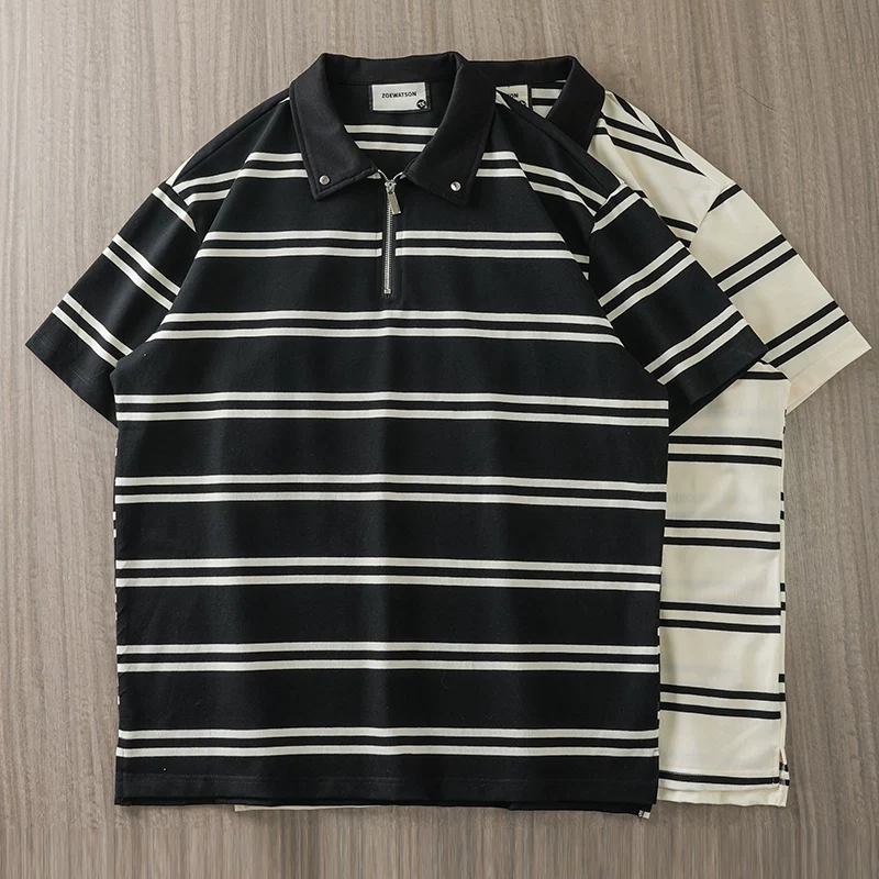 Áo thun polo nam Songdao Cotton kiểu Mỹ 210G chất dày dặn, sọc đen trắng, tay ngắn, mùa hè, xu hướng quốc dân, cổ điển, cổ trụ