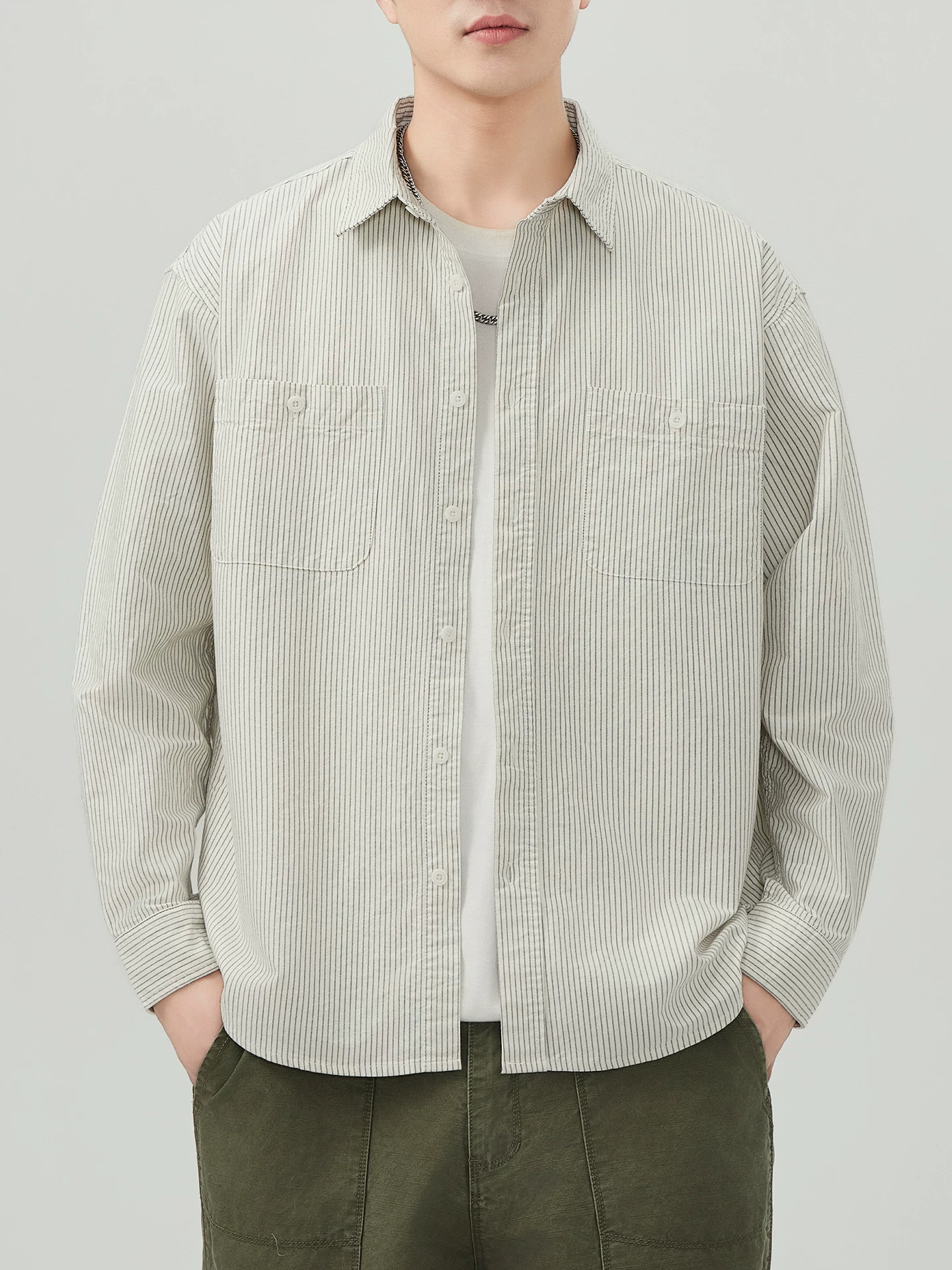 OMZM hạng nặng nguyên chất cotton Oxford áo sơ mi nam dài tay mùa thu Mỹ retro sọc áo sơ mi túi áo khoác rộng
