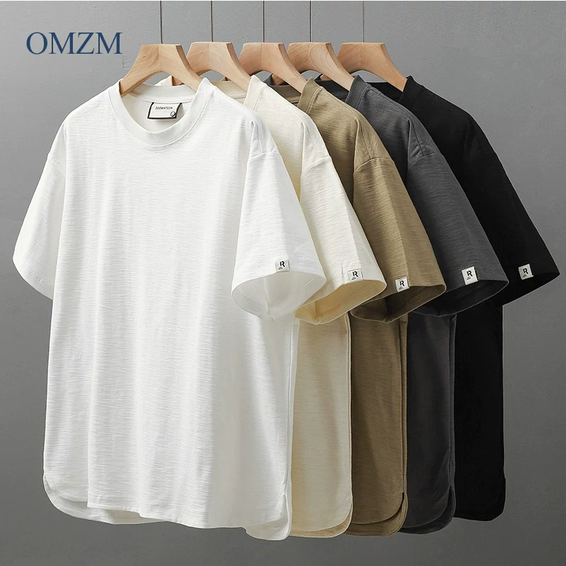 Áo thun nam OMZM300g chất liệu cotton tre cao cấp, tay ngắn, thoáng mát mùa hè, kiểu dáng cổ tròn phong cách Mỹ, màu trắng tinh khiết, tay lửng.