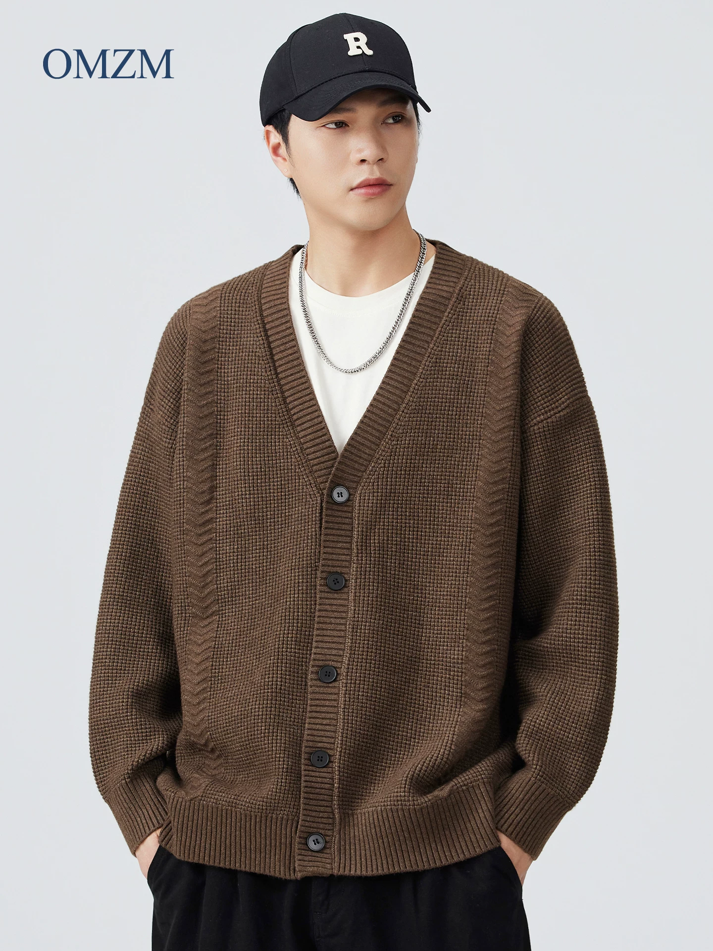 Áo khoác cardigan dệt kim cổ OMZMV dành cho nam, áo len dày nặng 800G phong cách Mỹ mùa thu, áo khoác dài tay đơn giản