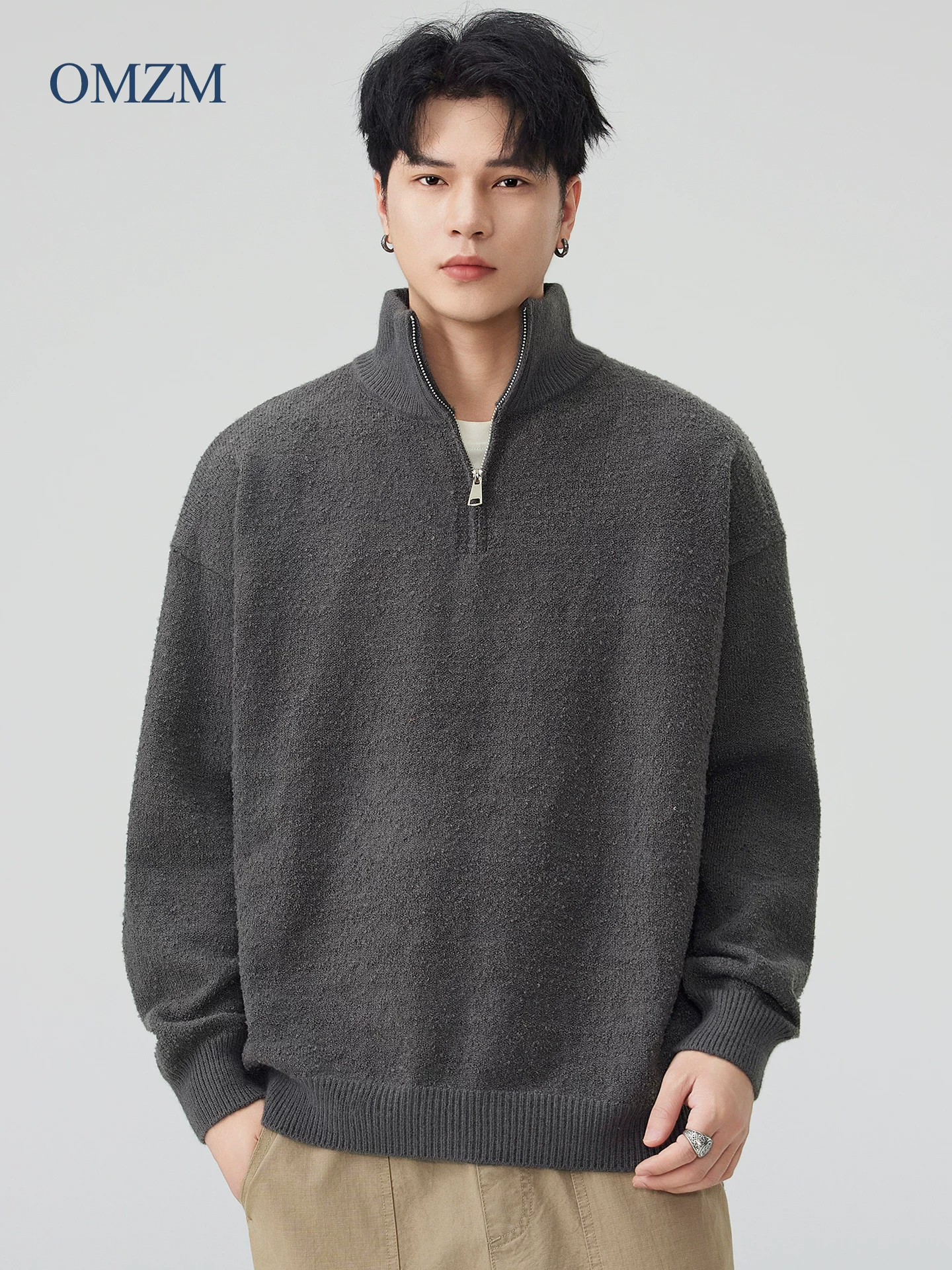 Áo len dệt kim nửa khóa kéo OMZM dành cho nam, lớp bên trong dày dặn ấm áp mùa đông, áo khoác cổ đứng cổ điển đơn giản