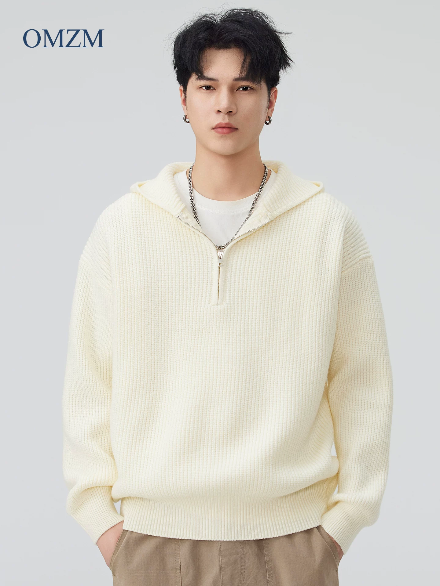 Áo len có mũ trùm đầu nửa khóa kéo OMZM dành cho nam, áo lót giữ ấm mùa đông và dày dặn, áo hoodie dáng rộng kiểu cổ điển dành cho cặp đôi.