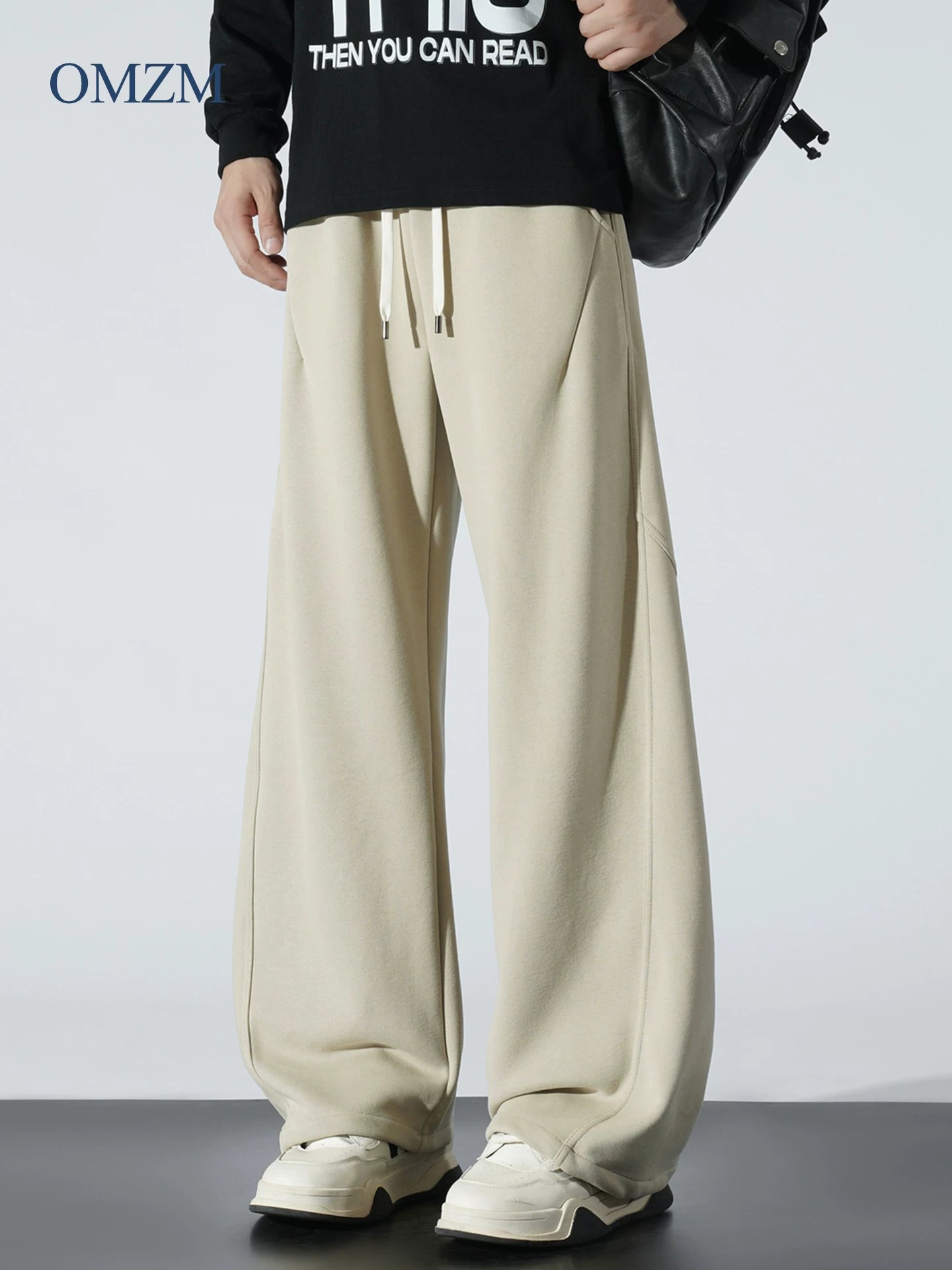 Quần thể thao kiểu Mỹ OMZM dành cho nam, quần thường ngày dày dặn ấm áp mùa đông, quần ống rộng màu trơn kiểu dáng đơn giản.
