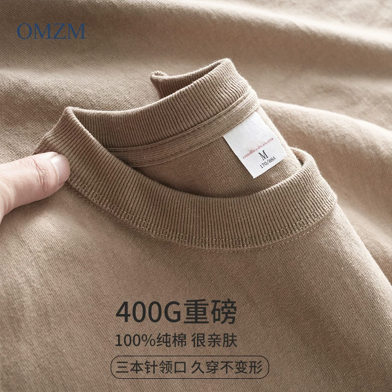 Áo thun dài tay cổ tròn kiểu Mỹ màu kaki 400G dành cho nam, áo thun cotton nguyên chất, áo len cổ tròn rộng rãi cho mùa xuân.