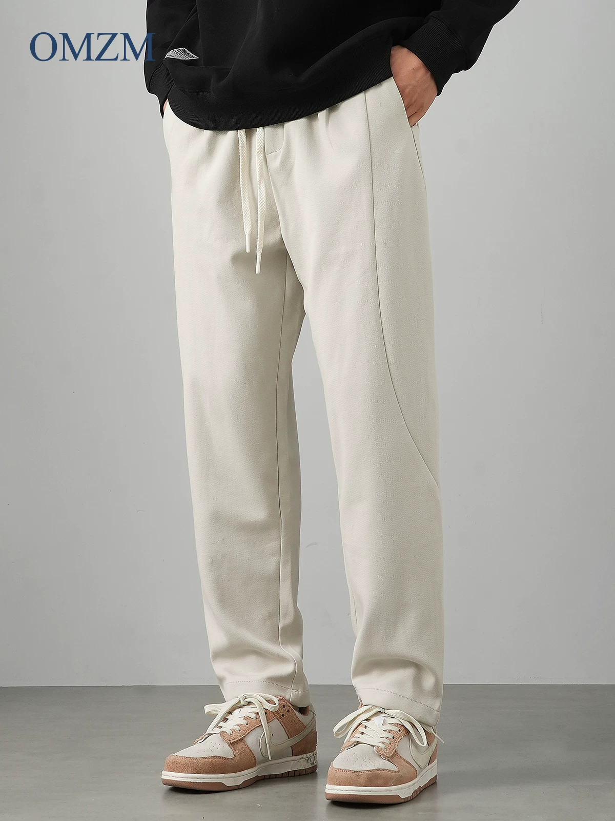 Quần thể thao dệt kim vải tuýt hạng nặng kiểu Mỹ OMZM dành cho nam, quần thể thao ống đứng màu trơn dáng rộng mùa thu, quần dài thường ngày phong cách đường phố