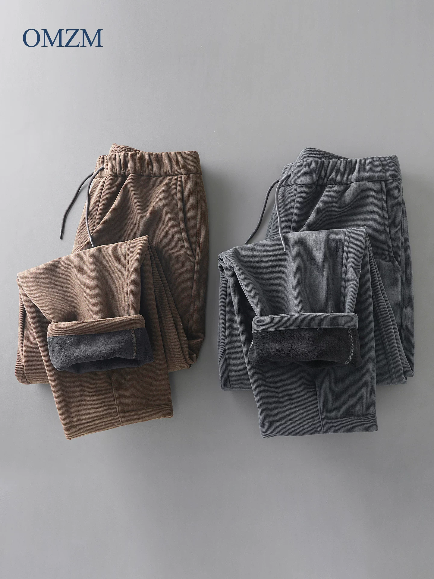 Quần vải nhung OMZM dành cho nam, quần ống đứng ấm áp phong cách Mỹ mùa đông, quần dài lông cừu dày dặn rộng rãi