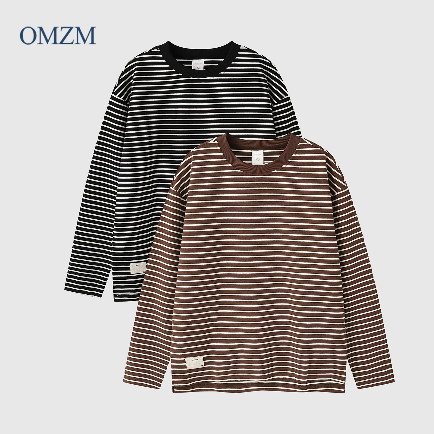 Áo thun dài tay sọc nặng kiểu Mỹ OMZM dành cho nam, áo sơ mi thủy thủ cổ tròn dáng rộng kiểu cổ điển mùa thu, áo sơ mi cổ tròn dáng rộng.