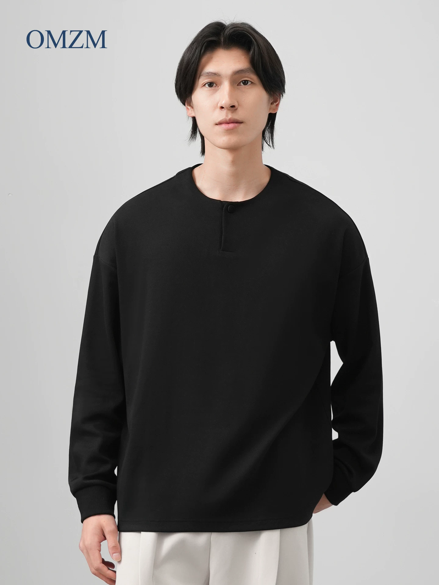 Áo thun nam tay dài cổ henley kiểu Mỹ OMZM 260G, chất liệu cotton twill dày dặn, thích hợp làm lớp lót mùa xuân thu, áo cổ tròn mùa thu.